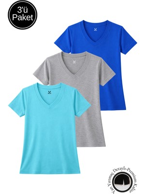 Rich Kadın Saks-Turkuaz-Gri Melanj 3'lü Paket Yırtmaçlı Viskon V Yaka  T-Shirt