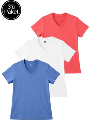 Rich Kadın 3'lü Paket Mavi-Beyaz-Pembe Yumuşak Dokulu Interlok V Yaka Tişört