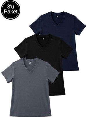 Rich Kadın 3'lü Paket Siyah-Antrasit-Lacivert Yumuşak Dokulu Interlok V Yaka Tişört