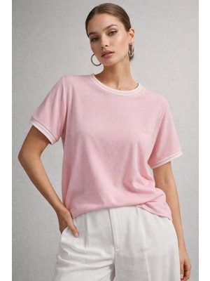 Rich Kadın Pembe Bisiklet Triko Yaka Kısa Kollu Basic T-Shirt