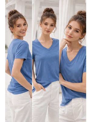Rich Kadın Mavi Yumuşak Dokulu Interlock V Yaka Basic T-Shirt