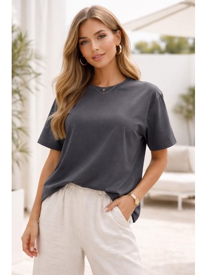 Rich Kadın Füme Yumuşak Dokulu Interlok Bisiklet Yaka Basic T-Shirt