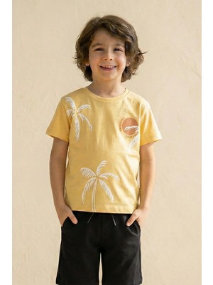 Eqru Unisex Çocuk %100 Pamuk Sarı Tişört - Normal Kalıp Palmiye Baskılı Urban