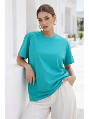 Rich Kadın Turkuaz Premium Modal Kumaş Oversize T-Shirt
