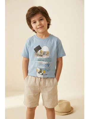 Eqru Erkek Çocuk Mavi Kaykay Baskılı %100 Pamuklu Tişört - Normal Kalıp Urban Style