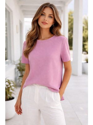 Rich Kadın Lila Viskon Kısa Kollu Yırtmaç Detaylı T-Shirt