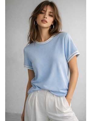 Rich Kadın Mavi Bisiklet Triko Yaka Kısa Kollu Basic T-Shirt