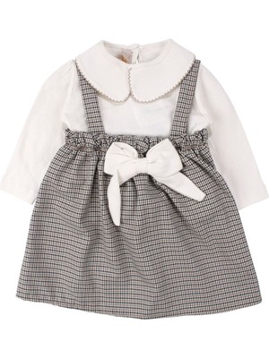 by BebekOdam Kız Bebek Ekru Kahve Ekoseli Fiyonklu Salopet Elbise Takım - 1016442