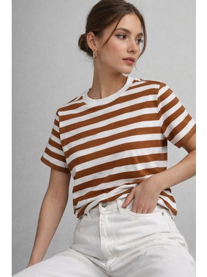 Rich Kadın Kahverengi Çizgili Yumuşak Dokulu Pamuklu Basic T-Shirt