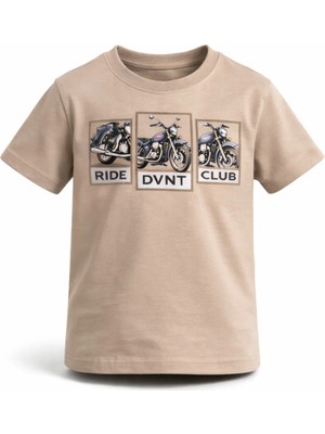 Eqru Erkek Çocuk Bej Motor Baskılı %100 Pamuklu Tişört - Normal Kalıp Urban Style