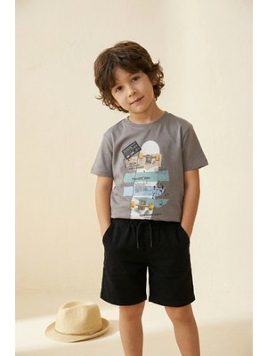 Eqru Erkek Çocuk Gri Kaykay Baskılı %100 Pamuklu Tişört - Normal Kalıp Urban Style