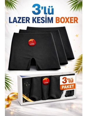 Dorya 3’lü Kadın Lazer Kesim Boxer Siyah Beyaz Ten Karışık Dikişsiz Yüksek Bel Esnek Külot