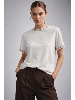 Rich Kadın Beyaz Bisiklet Triko Yaka Kısa Kollu Basic T-Shirt