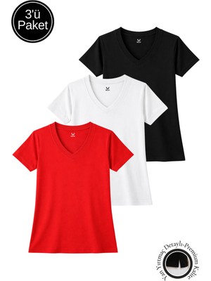Rich Kadın Siyah-Beyaz-Kırmızı 3'lü Paket Yırtmaçlı Viskon V Yaka  T-Shirt