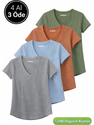 Rich Kadın 4'lü Paket Koyu Gri-Mavi-Kiremit-Haki %100 Organik Pamuk Tişört V Yaka T-Shirt