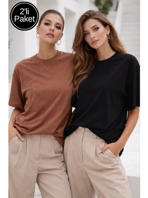 Rich Kadın Siyah-Yavru Ağzı 2'li Paket Premium Modal Kumaş Oversize Tişört