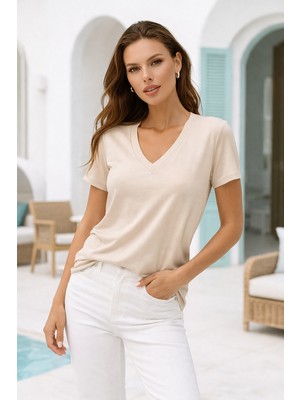 Rich Kadın Bej Viskon V Yaka Basic Kısa Kollu Tişört