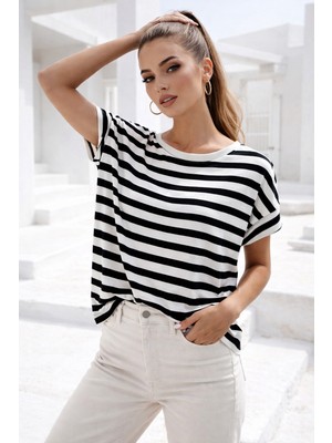 Rich Kadın Siyah Beyaz Çizgili Yarasa Kol T-Shirt | Şık Basic Tişört