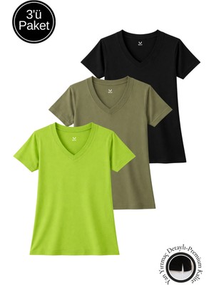 Rich Kadın Siyah-Haki-Yeşil 3'lü Paket Yırtmaçlı Viskon V Yaka  T-Shirt