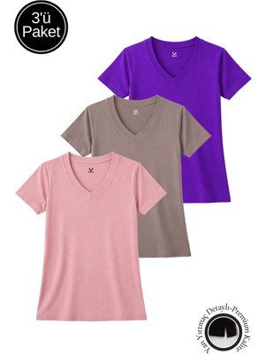 Rich Kadın Mor-Gül Kurusu-Açık Pembe 3'lü Paket Yırtmaçlı Viskon V Yaka  T-Shirt