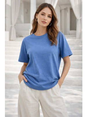 Rich Kadın Mavi Yumuşak Dokulu Interlok Bisiklet Yaka Basic T-Shirt