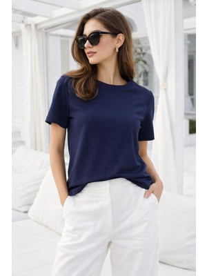Rich Kadın Lacivert Viskon Kısa Kollu Yırtmaç Detaylı T-Shirt