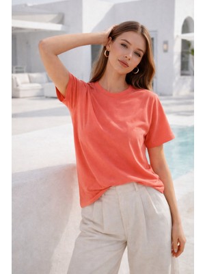 Rich Kadın Pembe Yumuşak Dokulu Interlock Bisiklet Yaka Basic T-Shirt