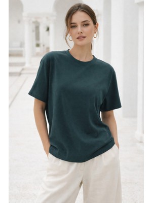 Rich Kadın Haki Yumuşak Dokulu Interlok Bisiklet Yaka Basic T-Shirt