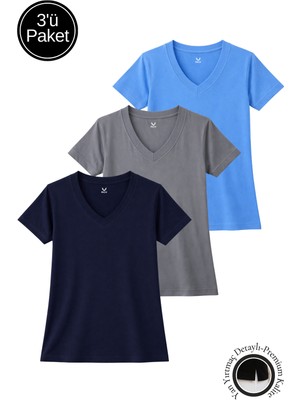 Rich Kadın Lacivert-Antrasit-Mavi 3'lü Paket Yırtmaçlı Viskon V Yaka  T-Shirt