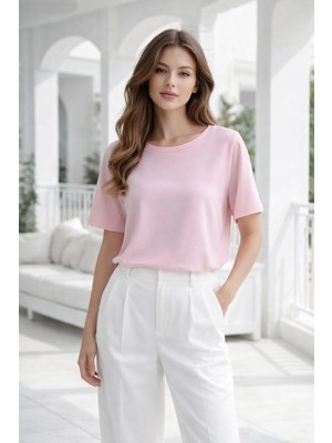 Rich Kadın Pembe Viskon Kısa Kollu Yırtmaç Detaylı T-Shirt