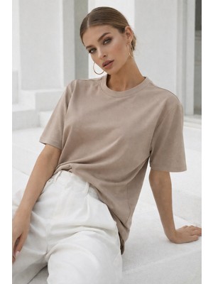 Rich Kadın Bej Premium Modal Kumaş Oversize T-Shirt