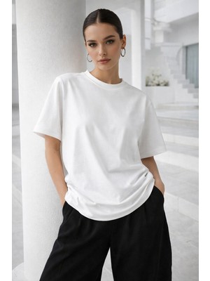 Rich Kadın Ekru Premium Modal Kumaş Oversize T-Shirt