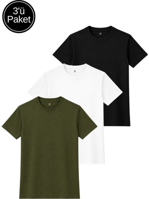 Rich Kadın 3'lü Paket Siyah-Beyaz-Haki Yumuşak Dokulu Interlok Bisiklet Yaka Tişört