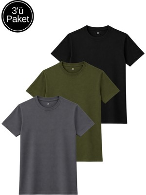 Rich Kadın 3'lü Paket Siyah-Antrasit-Haki Yumuşak Dokulu Interlok Bisiklet Yaka Tişört