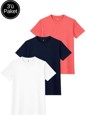 Rich Kadın 3'lü Paket Lacivert-Beyaz-Pembe Yumuşak Dokulu Interlok Bisiklet Yaka Tişört
