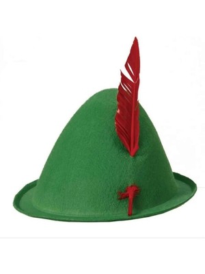 İlkyaz Fashion Yeşil Renk Kırmızı Tüylü Peter Pan Şapkası Robin Hood Şapkası 24X23 cm