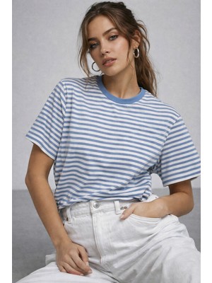 Rich Kadın Mavi Çizgili Yumuşak Dokulu Pamuklu Basic T-Shirt
