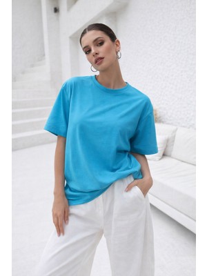 Rich Kadın Mavi Premium Modal Kumaş Oversize T-Shirt