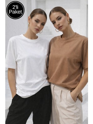 Rich Kadın Açık Kahve-Beyaz 2'li Paket Premium Modal Kumaş Oversize Tişört