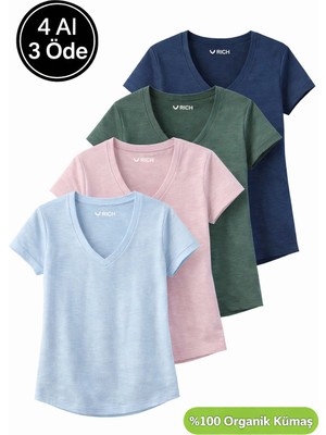 Rich Kadın 4'lü Paket Lacivert-Koyu Yeşil-Pembe-Mavi %100 Organik Pamuk Tişört V Yaka T-Shirt