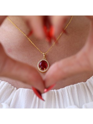 TB Takı Boom Kırmızı Taşlı Gümüş Kolye, Yakut Taşlı Oval Kolye, Gold Kaplama