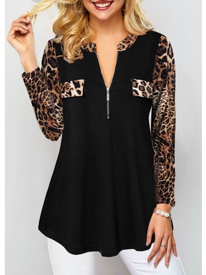 Kadın Leopar Desen Fermuar Detay Viskon Kumaş Bluz