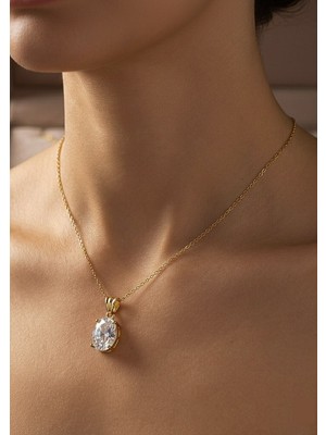 Erer Gümüş Gümüş Oval 12X8 mm 4,5 Carat Tektaş Kolye