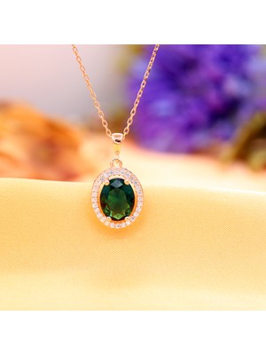 TB Takı Boom, Zümrüt Yeşili Kadın Kolye, Yeşil Taşlı Oval Kolye, 925 Ayar Gümüş Rose Gold Kaplama