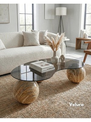 Velura Home & Living Modern Orta Sehpa & Top Sehpa Cam Sehpa & Küre Orta Sehpa -  Mermer  - Fasulye - Füme Cam