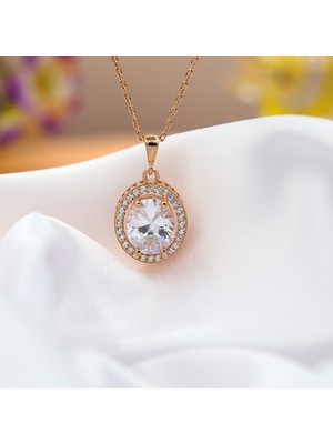 Tb Takı Boom, Zirkon Taşlı Kadın Kolye, Beyaz Taşlı Oval Kolye, 925 Ayar Gümüş Rose Gold Kaplama