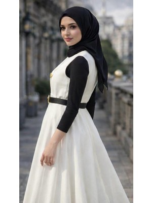 Madame Melek Kadın Tesettür Uzun Elbise Kemerli Bel Detaylı Şık Abiye Elbise