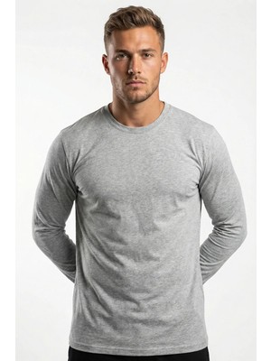 Defy's Erkek Organik Pamuklu Yuvarlak Yaka Regular Fit Gri Melanj Basic Uzun Kollu Tişört