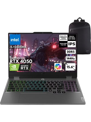 Lenovo Loq 15IAX9 I5-12600HX 64-Gbddr5 512 GB RTX4050 (6GB-GDDR6-105W) 15.6" Fhd IPS 144Hz Freedos + Hmf Sırt Çantası 83GS00V1TRHMF18