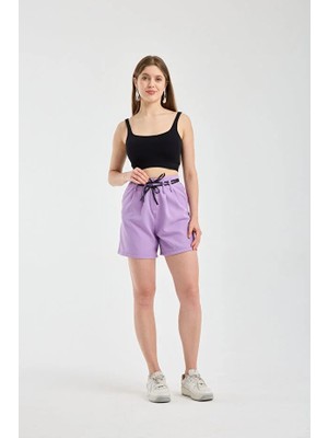 Winmoda Yüksek Bel Pileli  Bağcıklı  Mini Şort  ve Çift Biye Kemerli, Cepli, Günlük ve Fitness Uyumlu